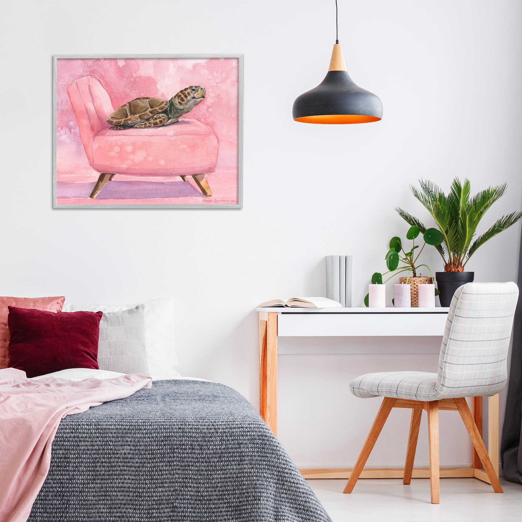 Stupell Industries Happy Turtle on Pink Chair Gray Framed Giclee Art, design by George Dyachenko