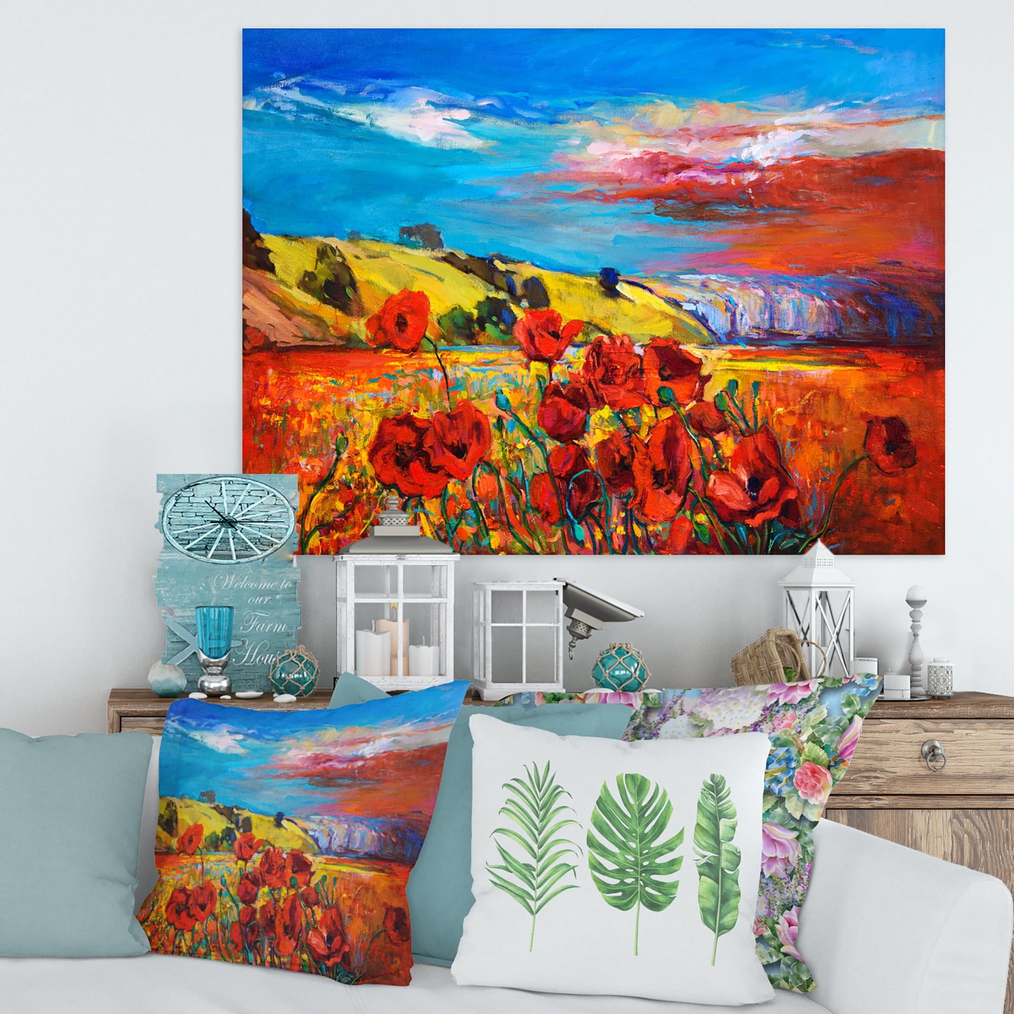 Blossomg Red Poppies Under A Blue Sky 12 in x 8 in Painting Canvas Art Print, by Designart