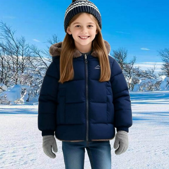 Girls Boys Winter Fleece Lined Jacket Children Kids Quilted Jackets Winter Warm Padded Outwear Coats with Pockets Navy 3-4Y