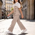 thumbnail image 3 of HBGVBA Girls 2 Piece Outfit Short Sleeve Colorblock Top with Wide Leg Pants Casual Set for 4-13 Years, 3 of 5
