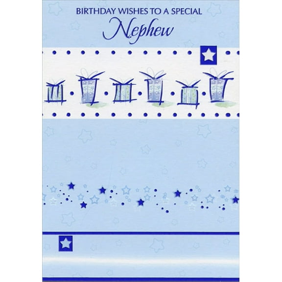 Designer Greetings Row of 6 Blue Foil Outlined Presents and Blue Stars Nephew Birthday Card