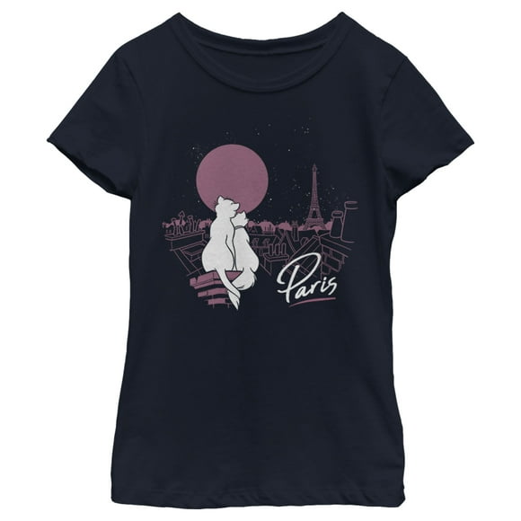 Girl's Aristocats Duchess and Thomas Love in Paris  T-Shirt - Navy Blue - Large
