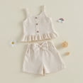 thumbnail image 2 of Toddler Baby Girl Outfits Solid Summer Clothes Solid Color Waffle Sleeveless Ruffle Tank Tops Shorts Set Cute Infant Clothes, 2 of 7
