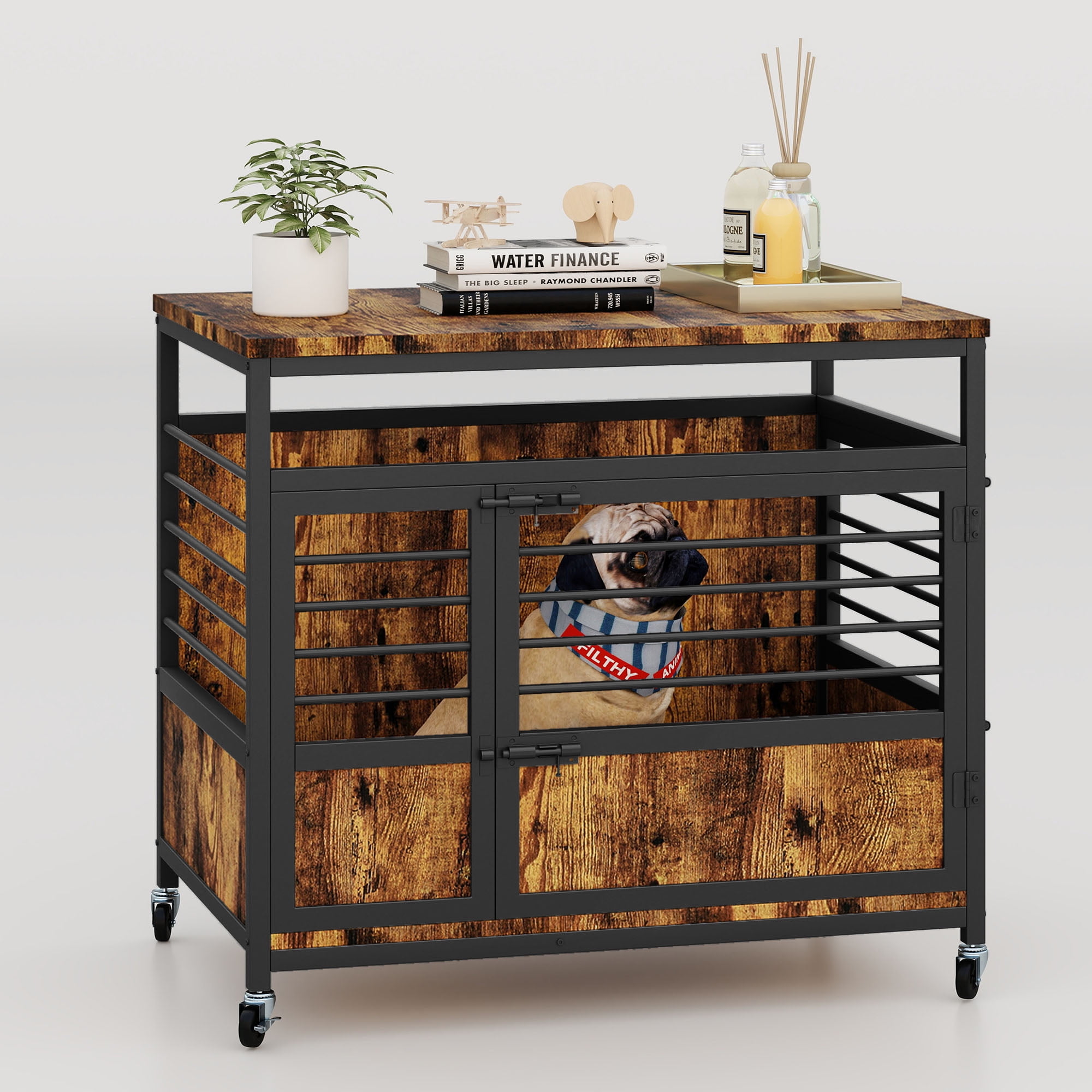 Uforic 32 Inch Dog Crate Furniture with Wheels,Wooden Dog Kennel for Dogs - Rustic Brown