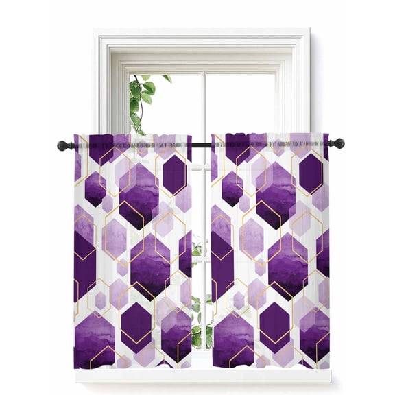 Purple Geometric Tier Curtains 45 Inch Length, Sheer Curtains for Bedroom Living Room Window, Gold White Hexagon Modern Rod Pocket Voile Drapes Kitchen Curtains Small Half Window 27.5"x45" 2 Panels