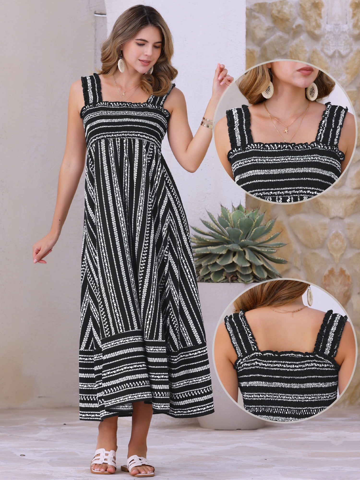 DARING DIVA Boho Maxi Sleeveless Smocked Printed Dress M Black
