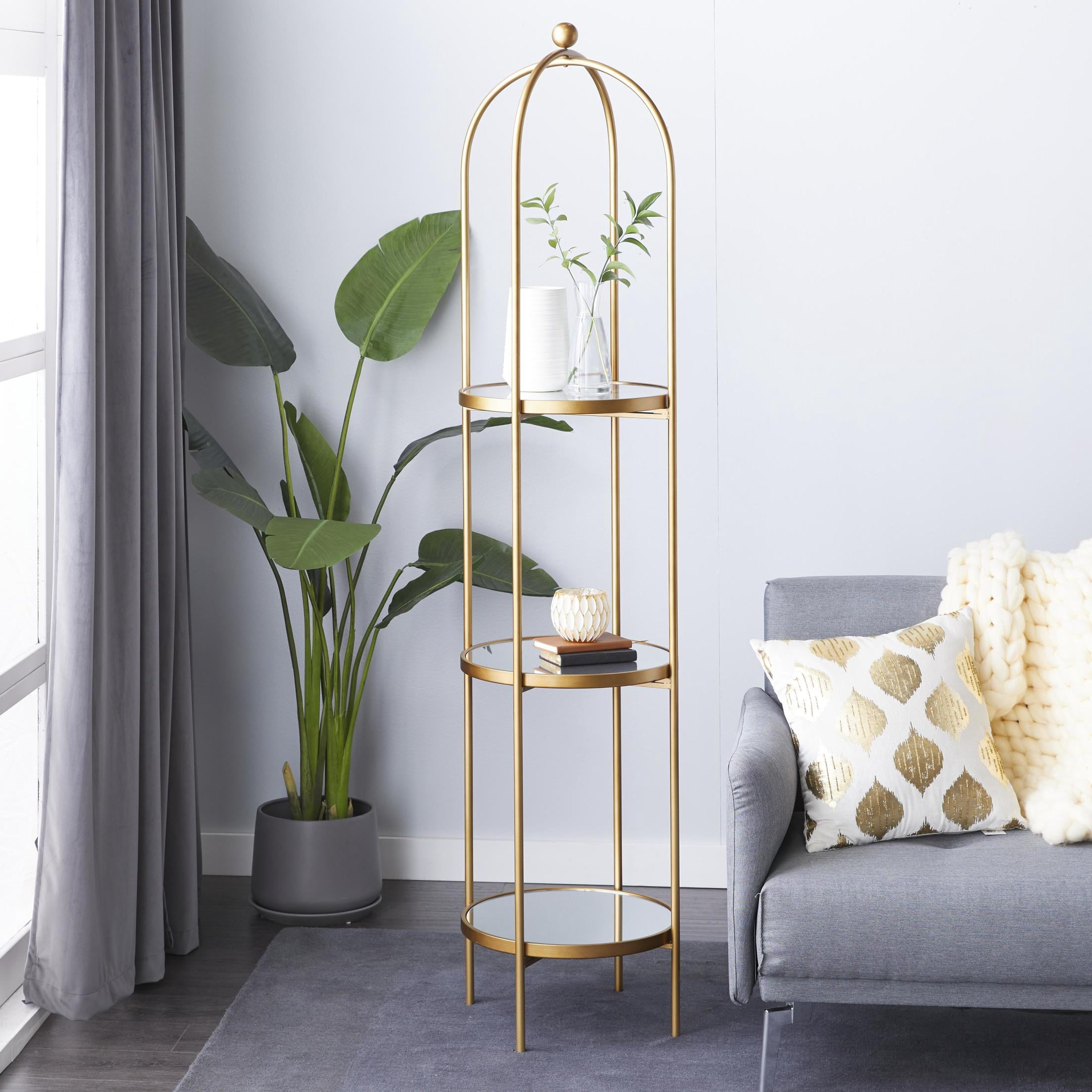 DecMode 18" x 73" Gold Metal 3-Tier Shelving Unit with Mirror Shelves, 1-Piece