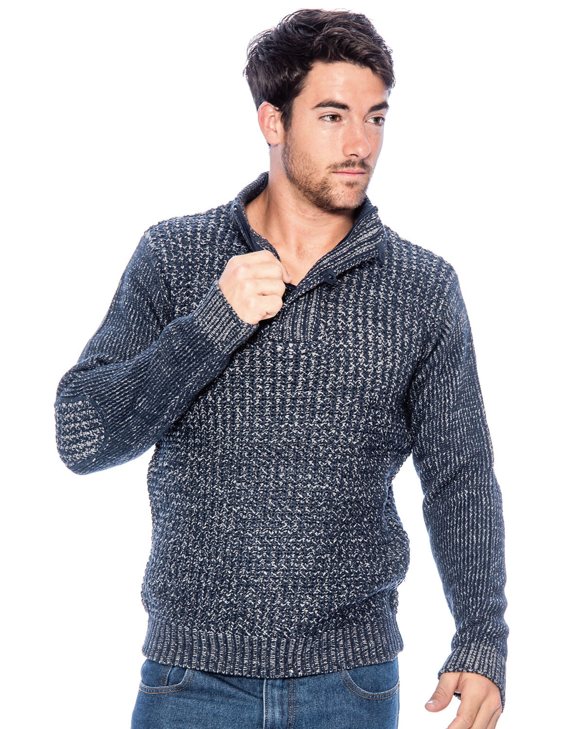TR Men's Check Rib Sweater with Zip Collar by 9 Crowns Essentials (Navy ...