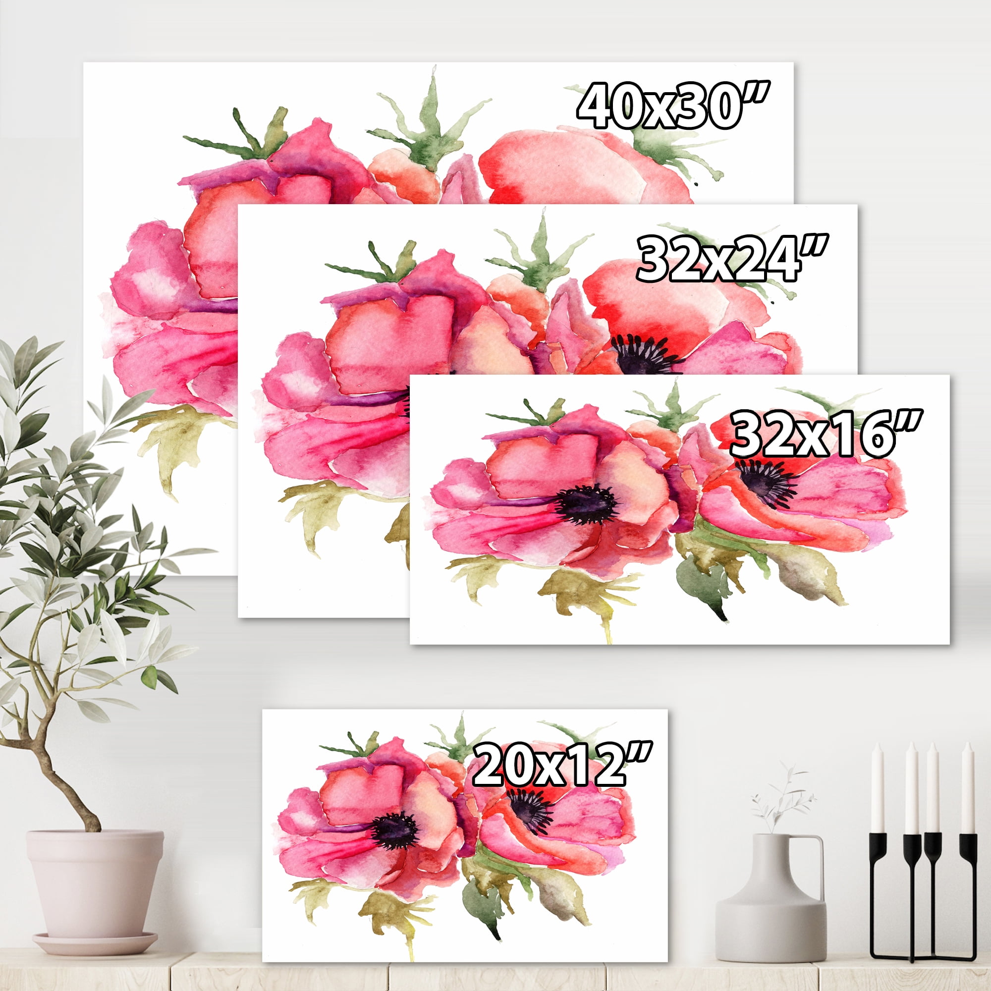Designart ' Stylized Pink Poppy Flowers ' Traditional Canvas Wall Art Print