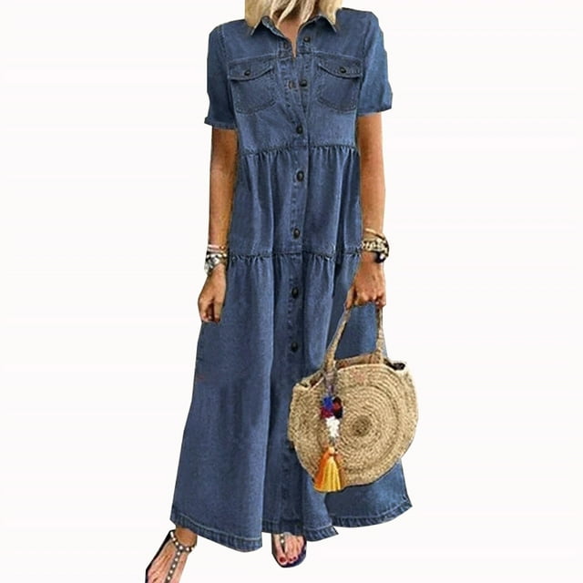 CEHVOM Fashion Women Button Loose Solid V-neck Lmitation Denim Short Sleeve Long Dress