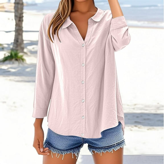 Pink Tshirts for Women Loose Shirt Top Stand Solid Color Long Sleeve Lapel Collar Casual Women's Shirt Women's Shirt Summer Tops