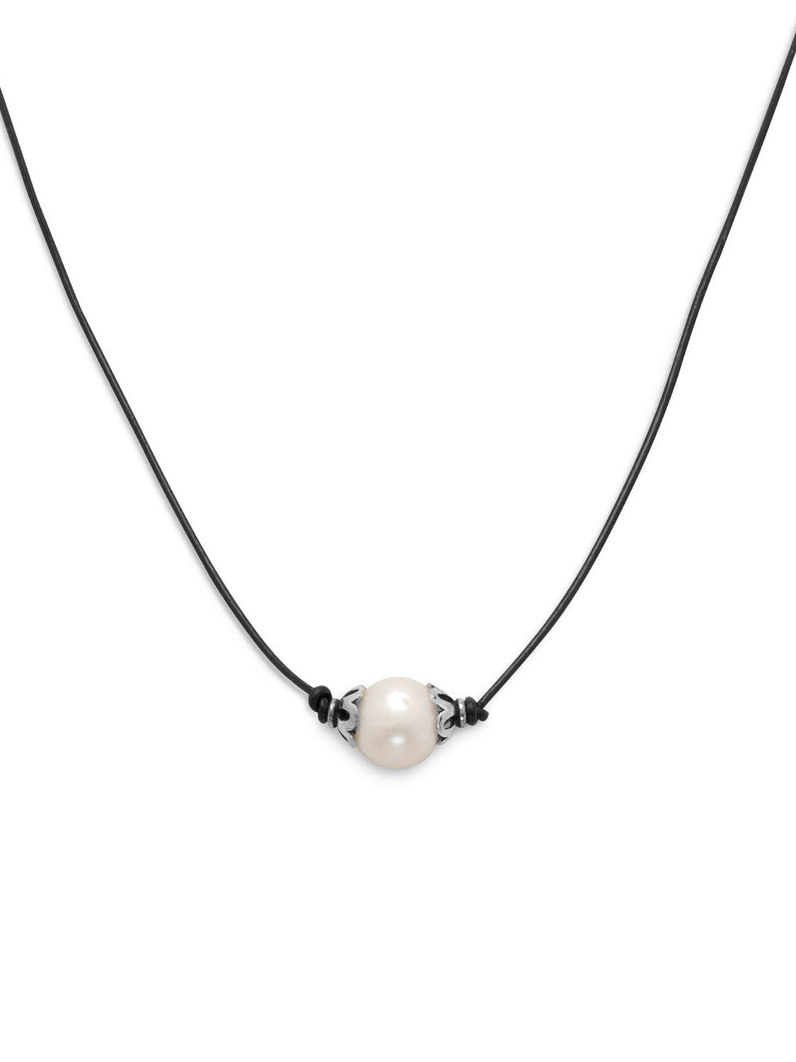 Single White Cultured Freshwater Pearl on Black Leather Cord Necklace Sterling Silver