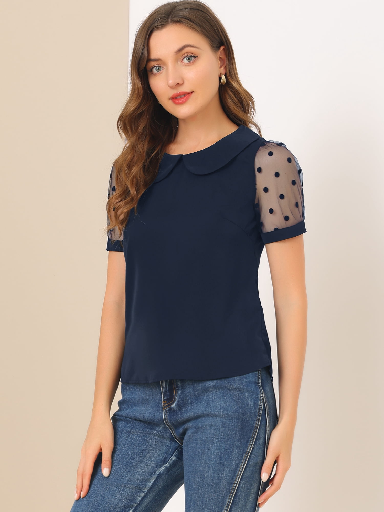 DARING DIVA Women's Polka Dots Mesh Peter Pan Collar Blouses XXL Navy Blue