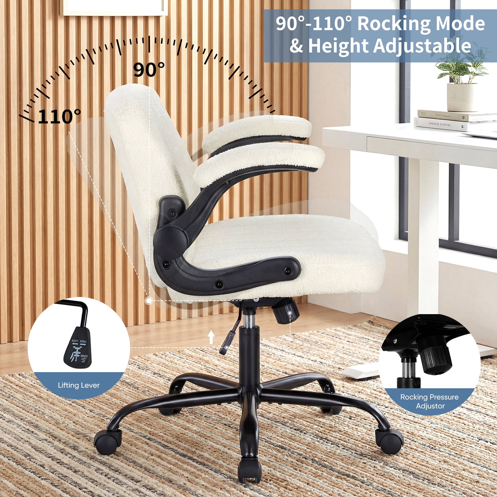 EDX With Armrests Office Chair Cross-Leg Design with Casters, Comfortable Home Dressing Chair, Beige