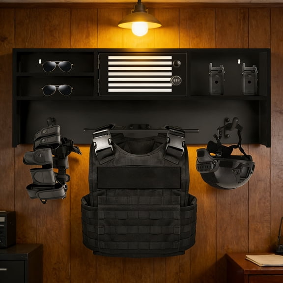 Police Wall Rack, Tactical Duty Gear Rack Decor, Wall Mounted Police Hanger - Black Powder Coated Wall Mounted with Combination Lock, 35.5"D Size for Police Department