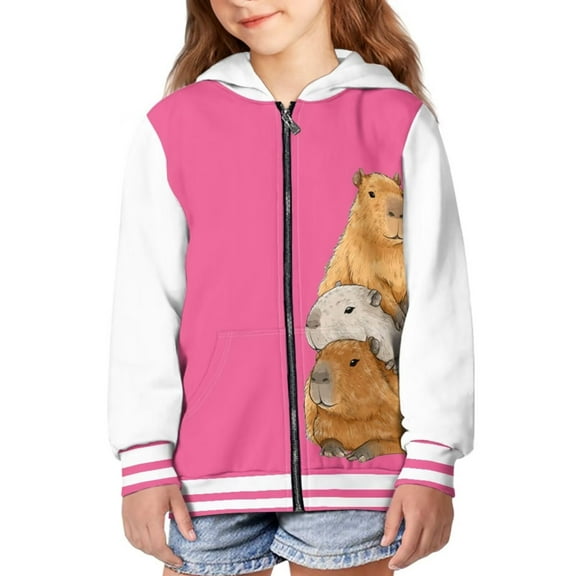 POLERO Kids Cute Capybara Deep Pink Hoodies for Boys Girls Zip Up Hooded Toddler Sweatshirt Cozy Warm Winter Jacket for Teen Girl 6-7 Years