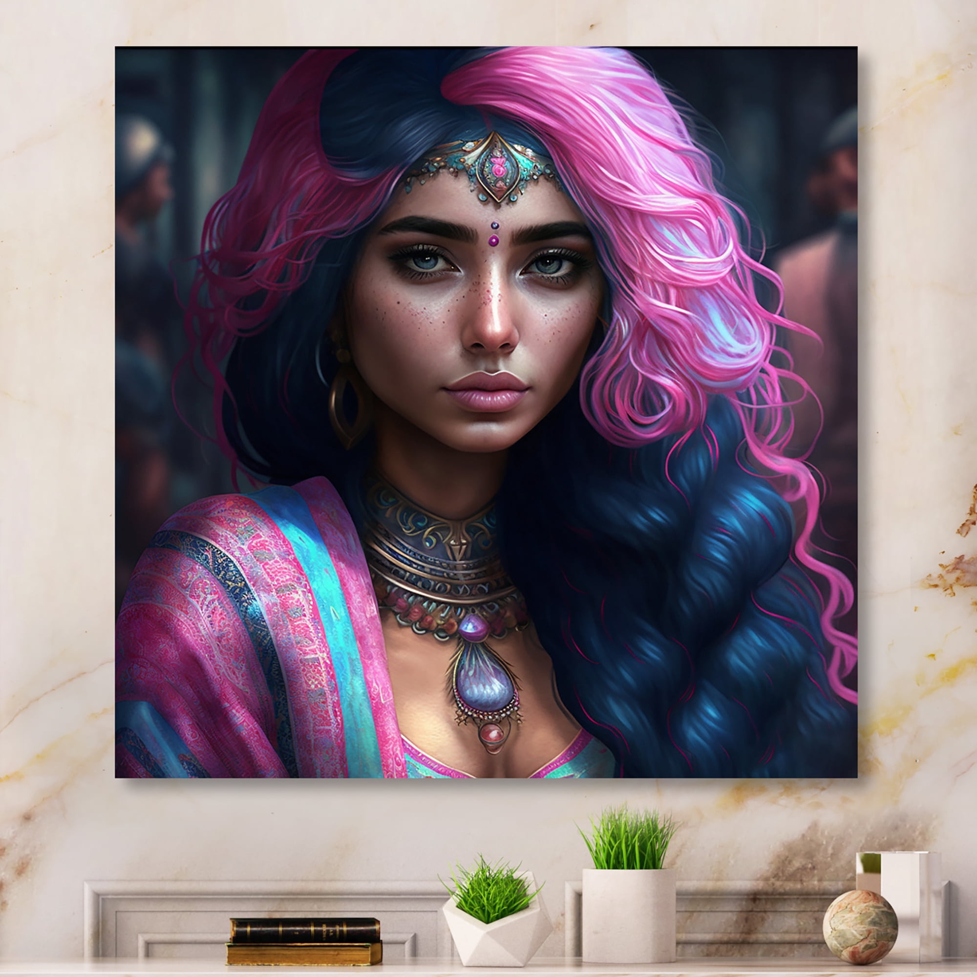 Designart Fashion Indian Woman In Pink And Blue IV Canvas Wall Art