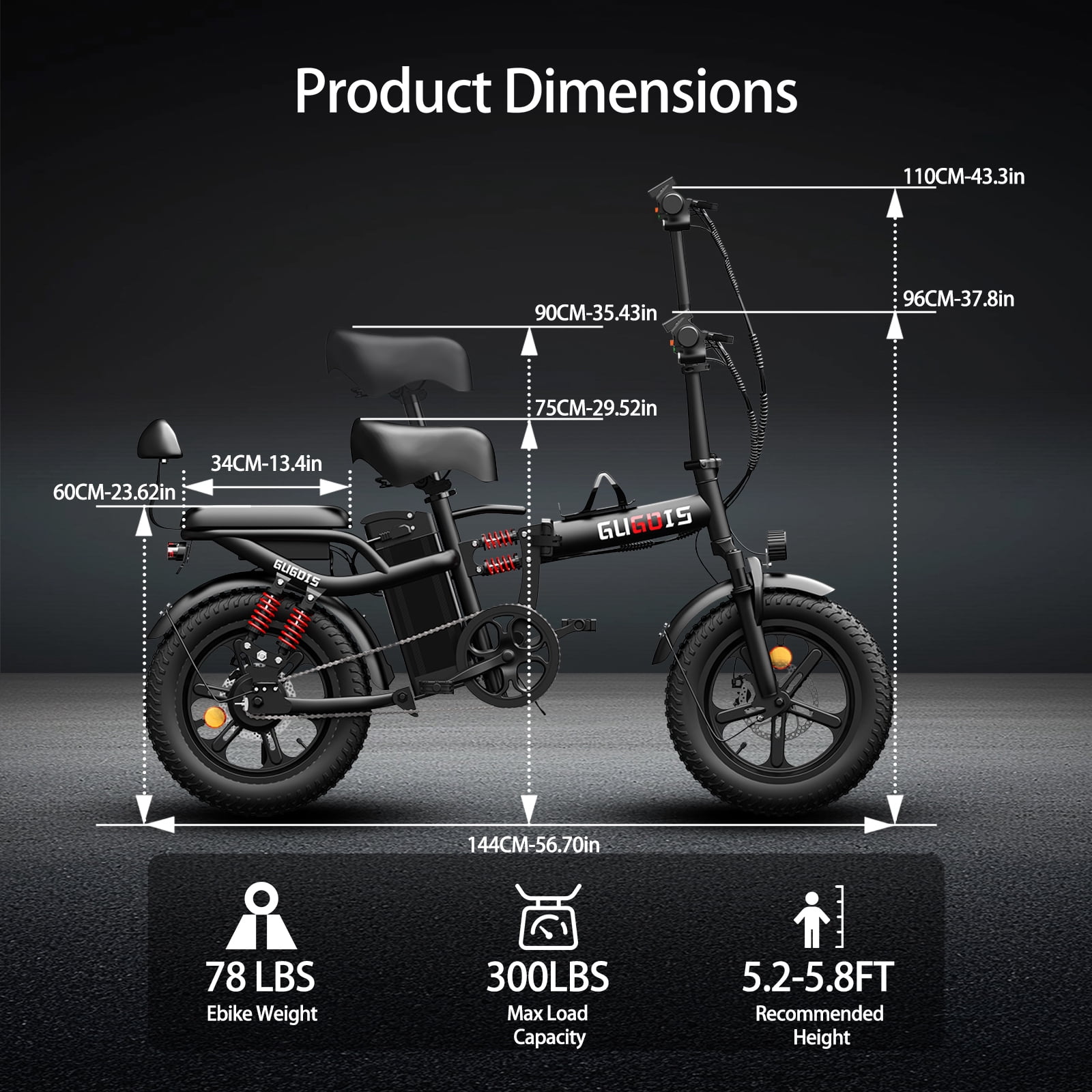 GugoIs 1000W Peak Electric Bike for Adults, 16" * 3.0 Fat Tire Electric Bicycle, 48V 20Ah Battery, One-step Folding Commuter Ebike, Handlebar Bag & Rear Seat, USB-A UL2849