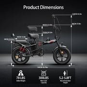 1000W Peak 2 Seater Electric Bike, 16 x 3.0 Fat Tire Electric Bicycle for Adults, 48V 20Ah Battery, Up to 30-50 Miles & 30Mph for Outdoor Riding Ebike UL2849