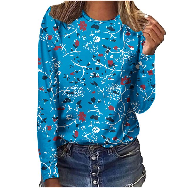 HKEJIAOI T-Shirts à Manches Longues en Polyester pour Femmes Imprimé Graphique Col Rond Blouses Habillées Décontractées Manches Longues