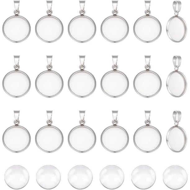 Base en blanco para dijes de bandeja rectangular con cabujones de vidrio, bordes de acero inoxidable, bandeja para fabricación de colgantes y joyas artesanales.