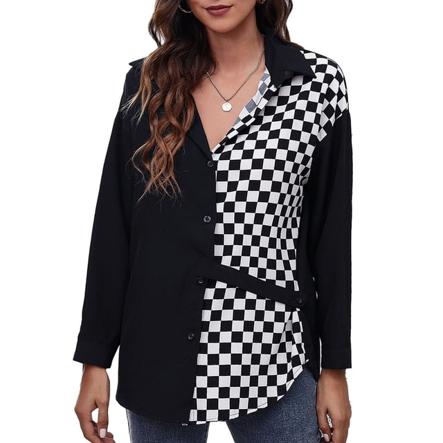 Camisa de mujer Blusa de manga larga Empalme Cuello en V Botón Abajo Solapa Top para oficina en casa