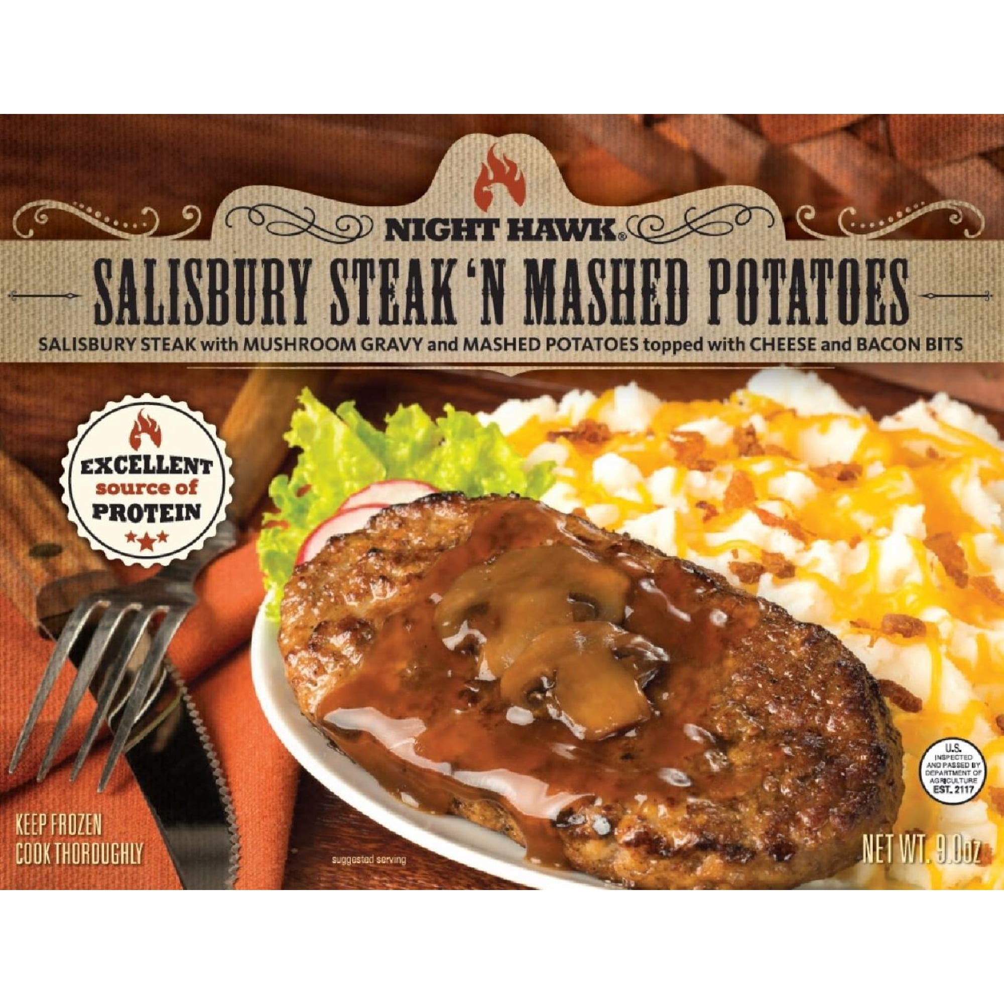 Night Hawk Salisbury Steak 'N Mashed Potatoes dish, 9 oz frozen Packaged Meal