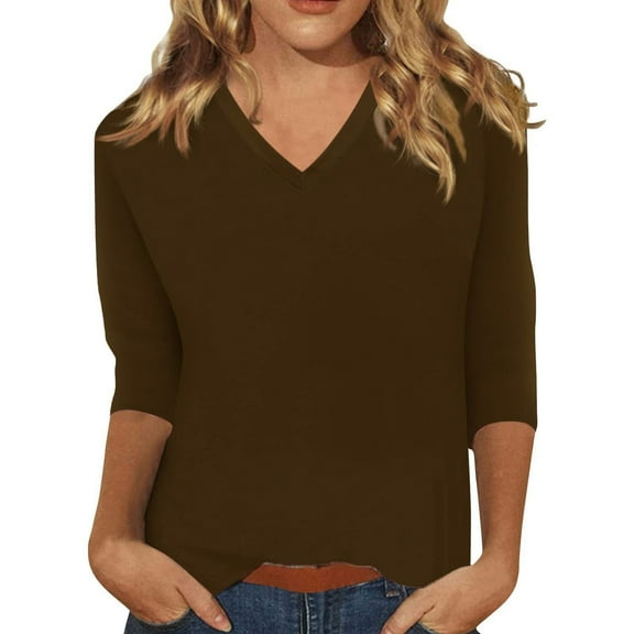 Brown Young Adult Tops Womens Tops 3/4 Sleeve Summer Solid Plain Travel Cute Tops V Neck Slim Fit Half Sleeve Tshirts Shirts Spring Blouse Plus Size Tops for Women