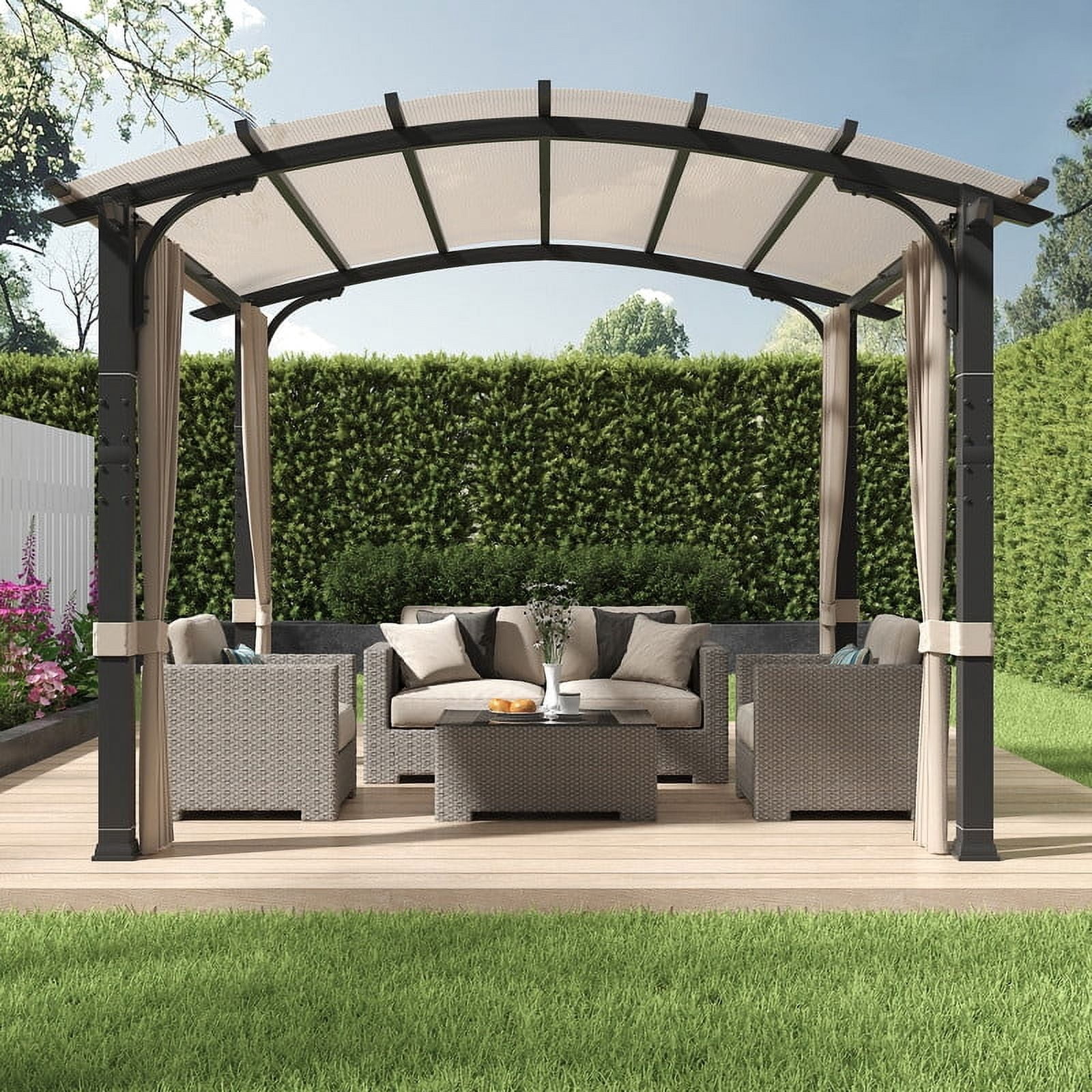 GAZEBETER 10' x10' Outdoor Arched Pergola,Metal Patio Gazebo with Sun Shade Canopy and Curtains for Gardens,Patios,Backyards (Beige)