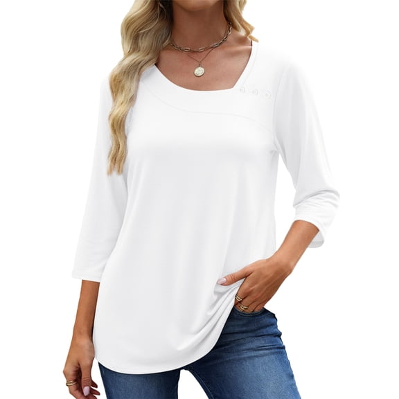 UVN Summer Square Neck Blouses for Women 3/4 Sleeve Shirt Ladies Dressy Casual Button Tunic Tops