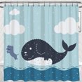 thumbnail image 1 of Whimsical Whale & Dog Shower Curtain -Blue Cartoon Design, 1 of 4