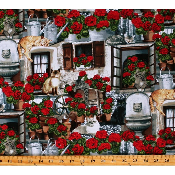 Cotton Porch Cats Kittens Flowers Garden Windows Animals Cotton Fabric Print by the Yard (C6381-PORCH)