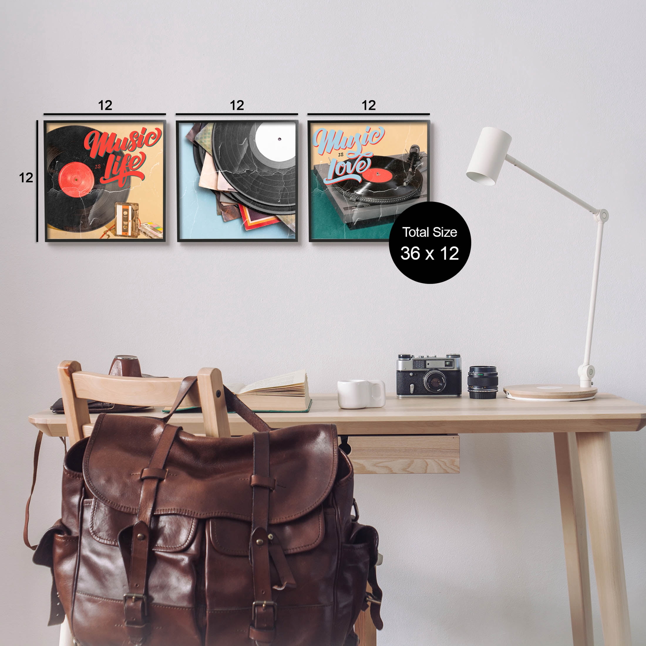 Music Is Love Life Vintage Turntable Inspirational Graphic Art Black Framed Art Print Wall Art, Set of 3
