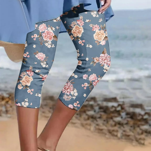 WXLWZYWL Knee Length Leggings for Women Plus Size Casual Floral Printed Capri Leggings Summer High Waisted Stretch Capri Pants Comfy Cropped Pants