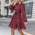 thumbnail image 4 of IWEMEK Womens Fall Dress Casual Long Sleeve V Neck Dresses Jacquard Elegant Solid Claret Outfit Tie Waist Comfy Clothes, 4 of 7