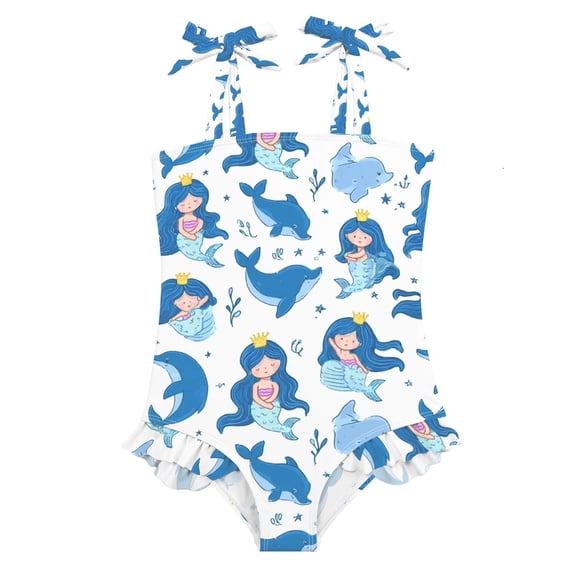 Girls' One-Piece Swimwear Bowknot Strap Swimsuit,Adorable Mermaid Printed Teen Swimwear for Resort Beach Water Park 18M