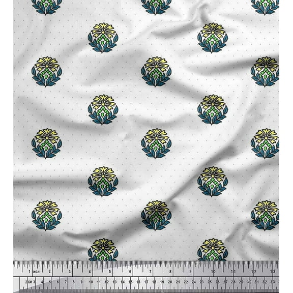 Soimoi Poly Georgette Fabric Dot,Leaves & Floral Block Printed Craft Fabric by The Yard 42 Inch Wide