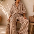 thumbnail image 4 of MaFYtyTPR Women 2 Piece Striped Outfits 3/4 Sleeve Button Down Shirt with Drawstring Wide Leg Pants Casual Comfy Two-piece Set A-Khaki L, 4 of 5