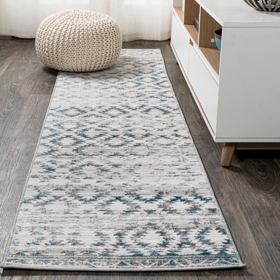 JONATHAN Y SILK ORCHID 2 x 8 Runner Rug, Ancient Faded Trellis - Gray/Turquoise, SOR206A-28