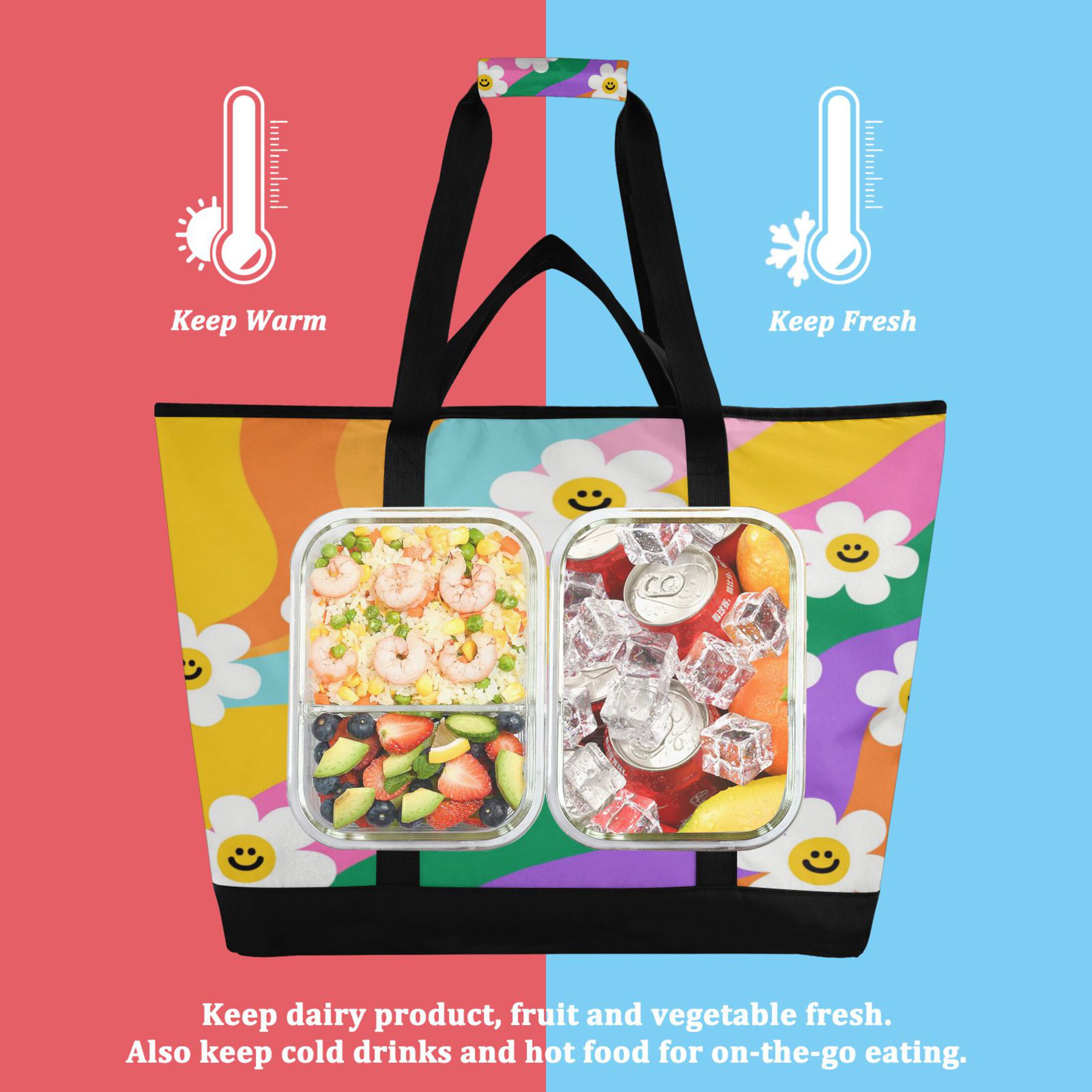Extra-Large Wide Opening Design Capacity Hand-Held Ice Pack Thickened Insulation Layer For Long-Lasting Cold Retention For Outdoor Shopping Picnics And Camping Smiley Daisy on Rainbow Background