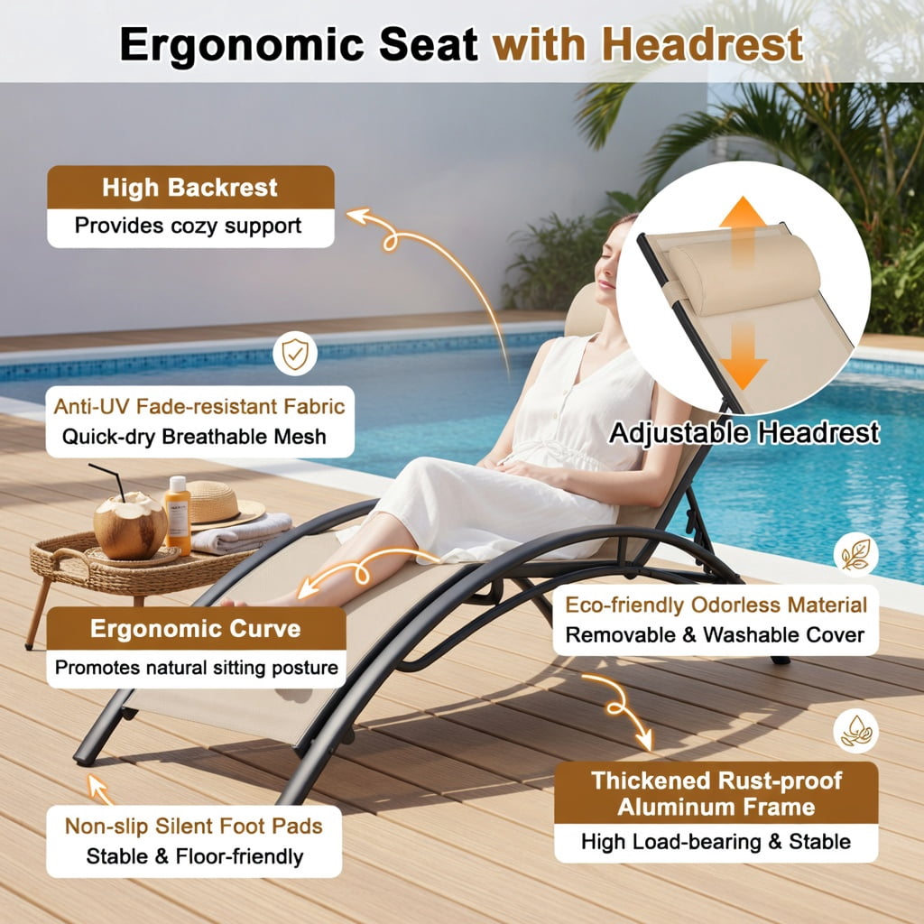Hommoo 2-Piece Outdoor Chaise Lounge Set with 5-Position Adjustable Reclining Backrest, Heavy-Duty Metal Frame, Breathable All-Weather Fabric, Beige