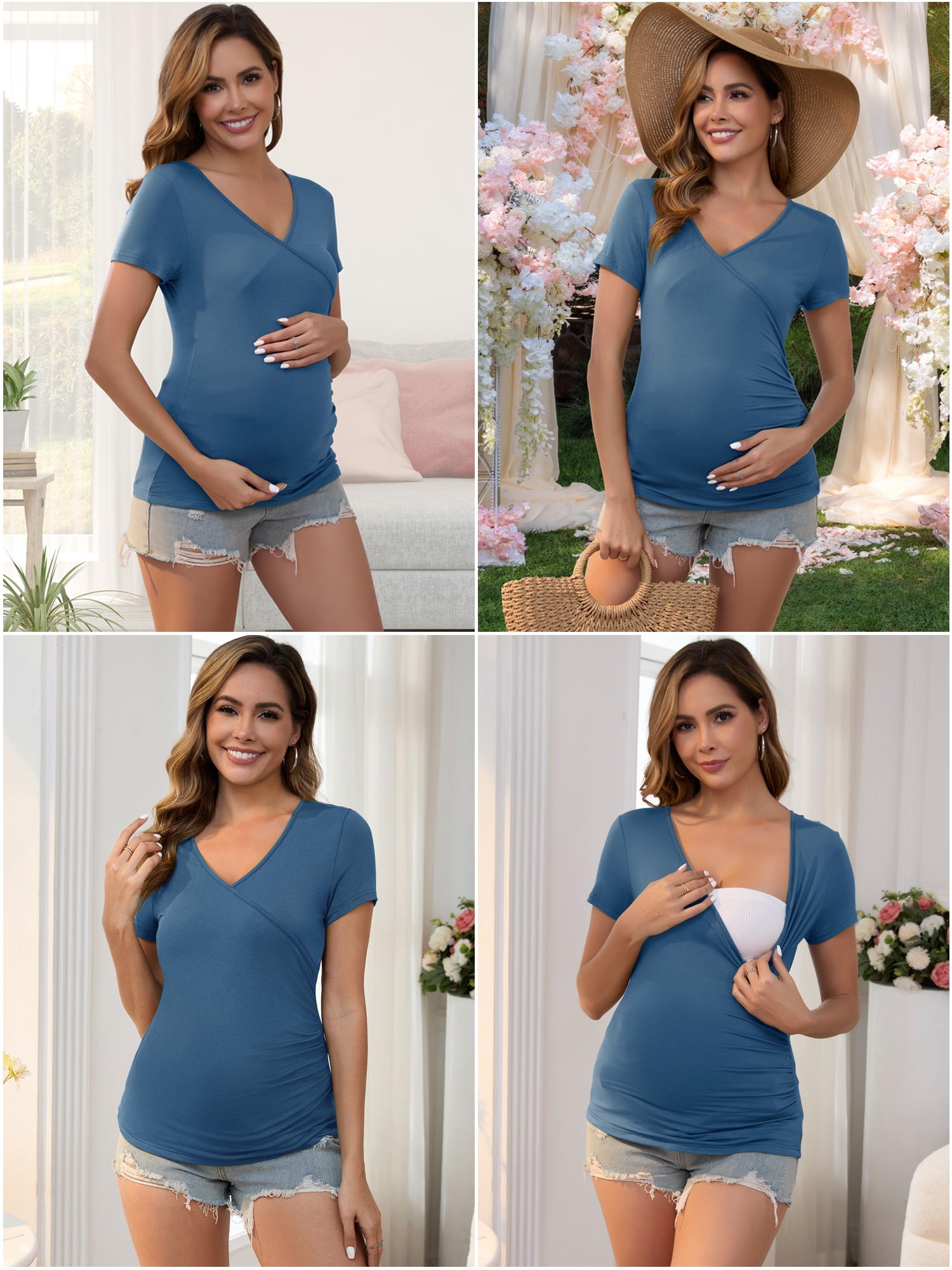 DARING DIVA Women's 2 Packs Ruched V Neck Maternity Nursing Blouse L Black&Blue