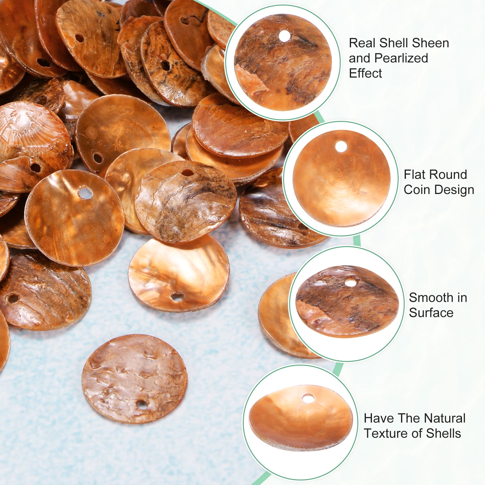 Uxcell 300-Pack Natural Flat Round Seashells, 15mm Flat Round Coin Charm Beads with Hole, Mother of Pearl Shell for Jewelry [Orange]
