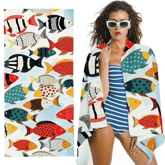 RKSupls Colorful Fish Microfiber Beach Towel, Extra Large Quick Dry Lightweight Absorbent Towel for Travel Swimming Camping, Soft Super Absorbent- 30x60 in