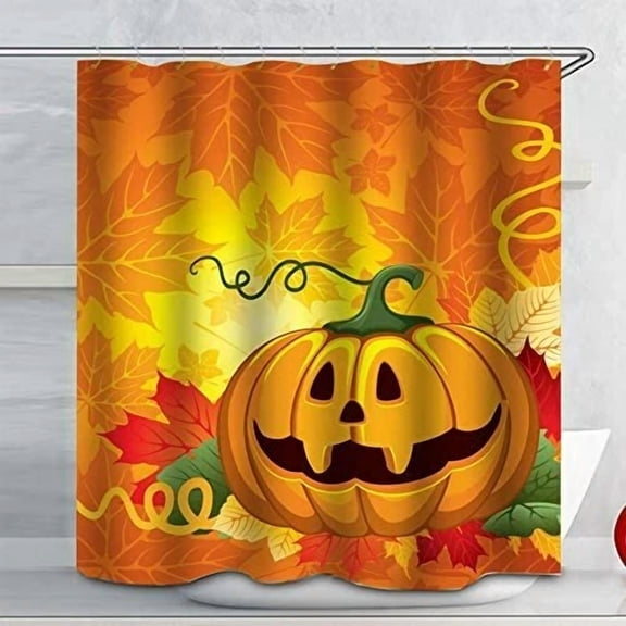 Halloween Pumpkin Fabric Shower Curtain Set Watrproof Bath-Decor With 12 Hooks