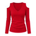 thumbnail image 4 of Cold Shoulder Ribbed Top for Women Long Sleeve Slim Fit Deep V Neck Fitted Knit Shirt Fall Versatile Comfy Casual Basic Blouse Red XXL, 4 of 7