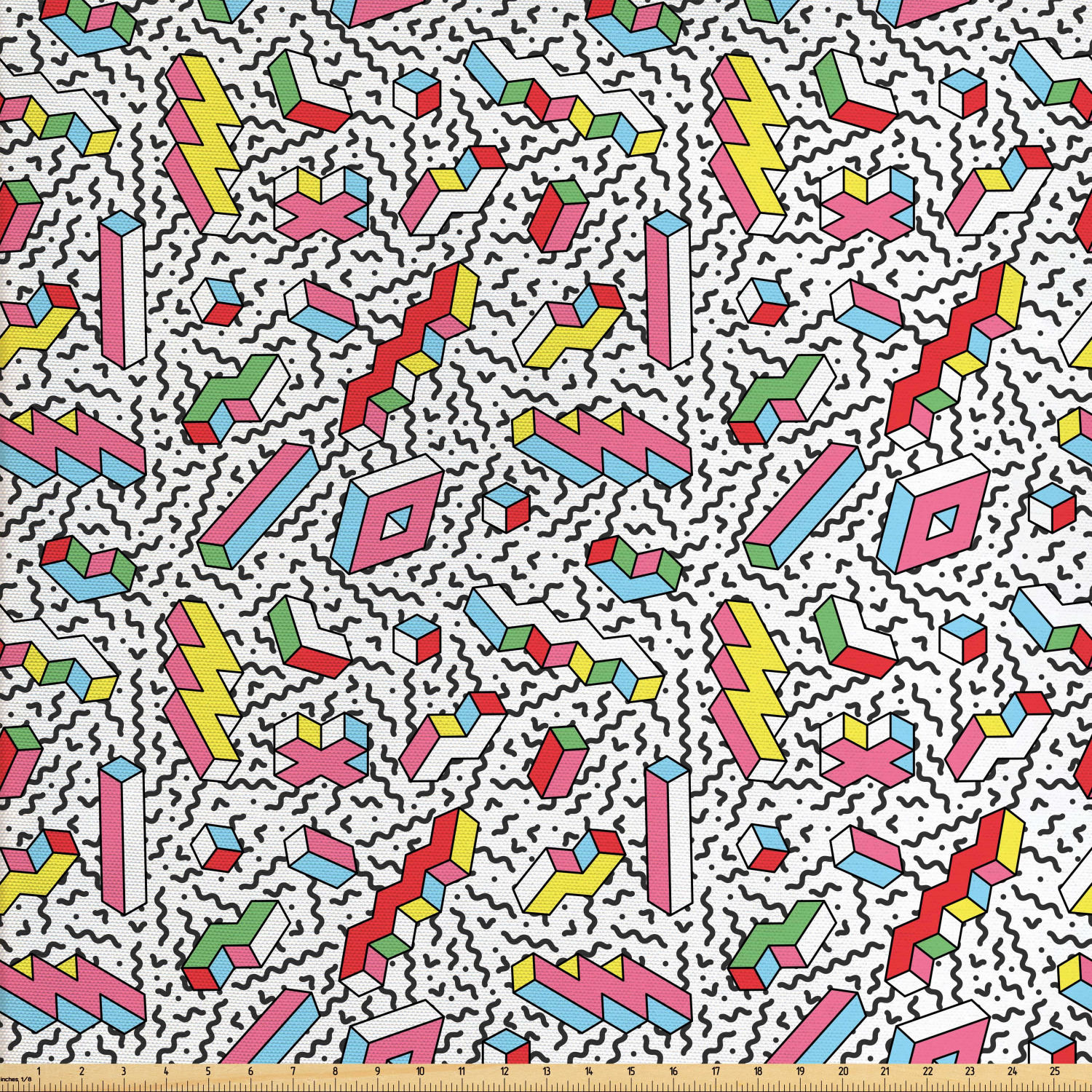 Funky Fabric by The Yard, Memphis Pattern with Mosaic 3D Shapes