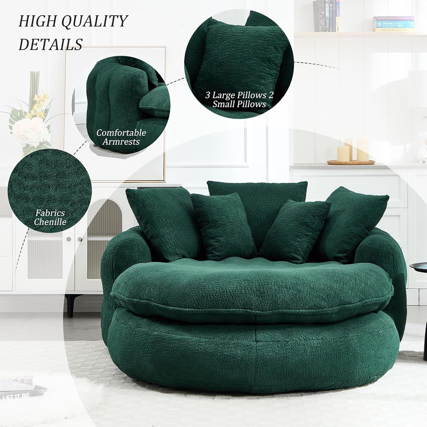 AENKYO Oversized Chenille Bean Bag Sofa with 5 Pillows, Oval Lazy Floor Sofa with Wraparound Backrest for Adults-Green