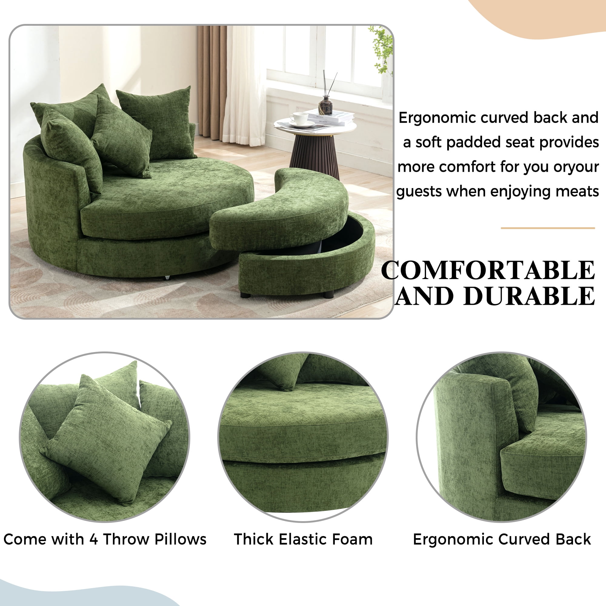 Euroco 360° Swivel Barrel Chair with Storage Ottoman and 4 Movable Pillows, Upholstered Linen Accent Chair with Ergonomic Backrest, Metal Base