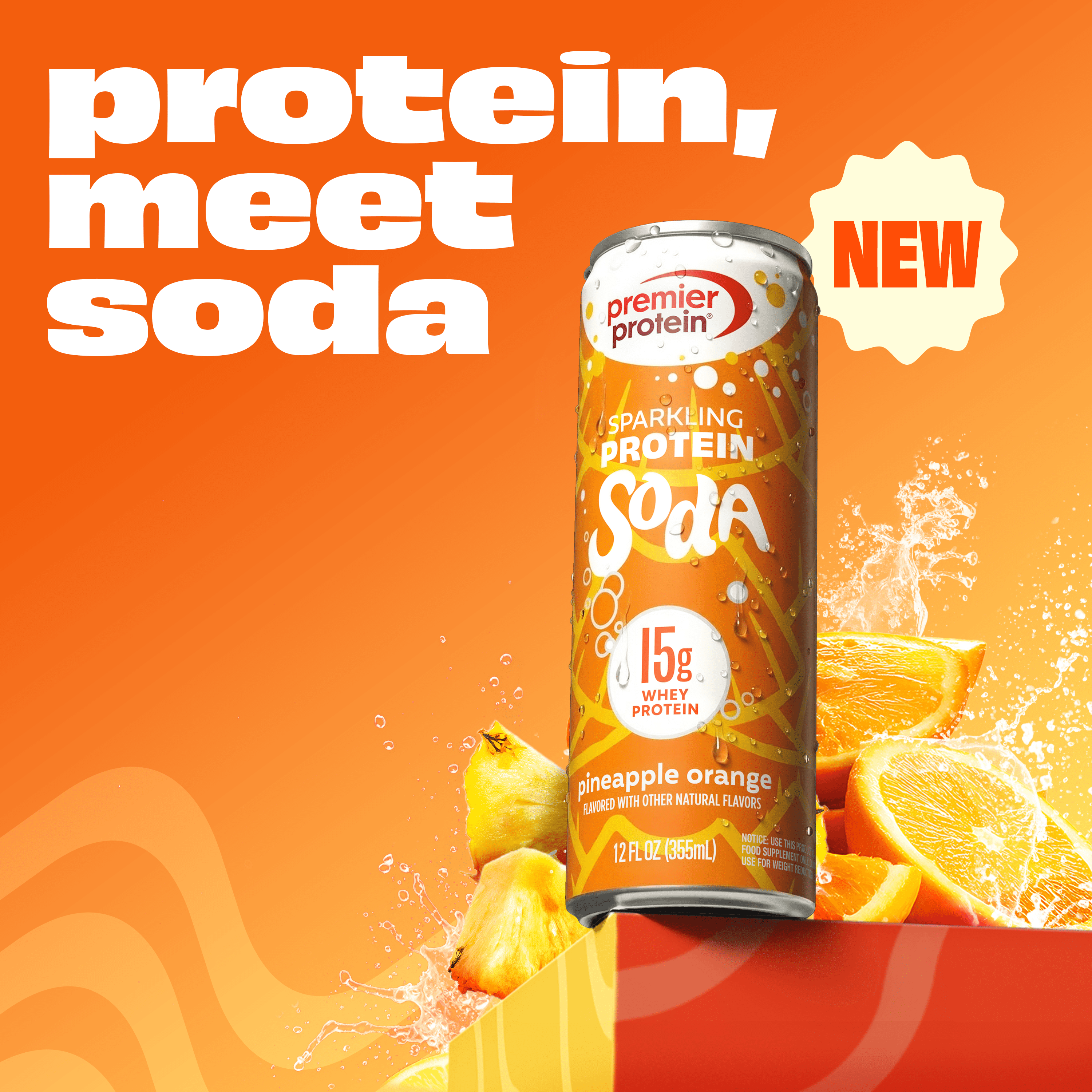 Premier Protein, Sparkling Protein Soda, 15g Protein, Pineapple Orange, 12 Fl Oz, 12 Ct